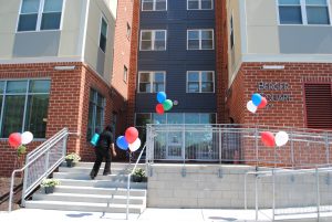 front of building with baloons