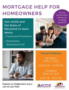 Flyer for Mortgage Help for Anne Arundel County Homeowners Webinar