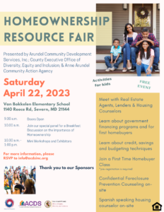 Flyer for a Homeownership Resource Fair on April 22, 2023, with event details, activities, sponsor logos, location, and a list of workshops, including sessions for first-time buyers and Spanish-speaking support.