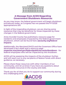 A flyer from ACDS with a government building icon shares resources for employees impacted by a federal government shutdown, including helpful links and contact information for additional support.