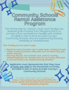 Flyer with colorful paperclips promoting the Community Schools Rental Assistance Program for Anne Arundel County families, listing eligible expenses like rent and utilities, eligibility criteria, and a website for more information.
