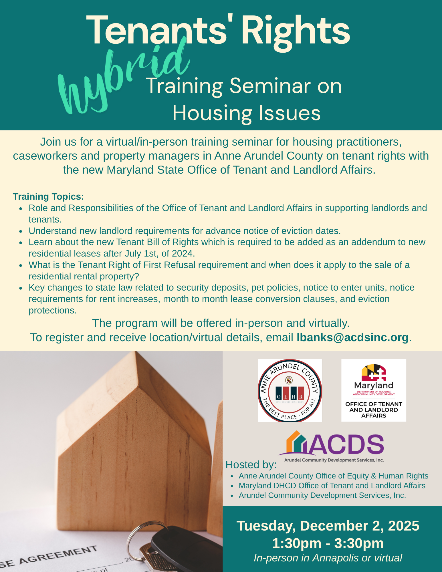 Flyer for a hybrid Tenants' Rights Training Seminar detailing date, time, topics, and registration info. Includes logos for Anne Arundel County, Maryland Office of Tenant Rights, ACDS, and a blue border.