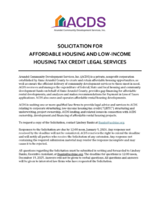 A flyer from Arundel Community Development Services, Inc. solicits proposals for affordable housing and low-income housing tax credit legal services, detailing the requirements, deadlines, and contact information for inquiries.