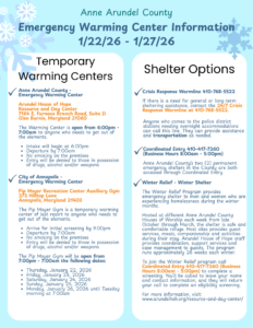 A flyer from Anne Arundel County lists emergency warming center info for 1/22-1/27/26, including warming center locations, hours, shelter options, and contact numbers for crisis response and housing assistance. Snowflake decorations border the page.