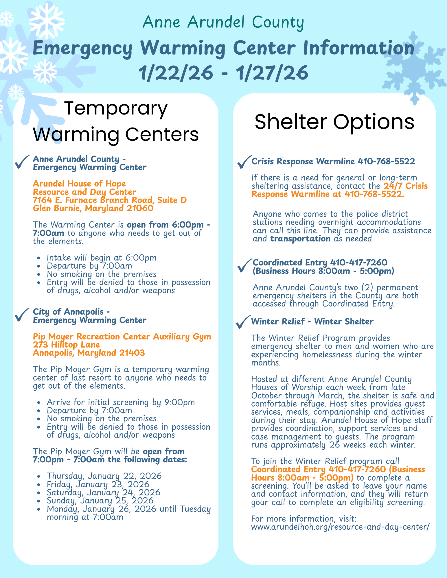 A flyer from Anne Arundel County lists emergency warming center info for 1/22-1/27/26, including warming center locations, hours, shelter options, and contact numbers for crisis response and housing assistance. Snowflake decorations border the page.