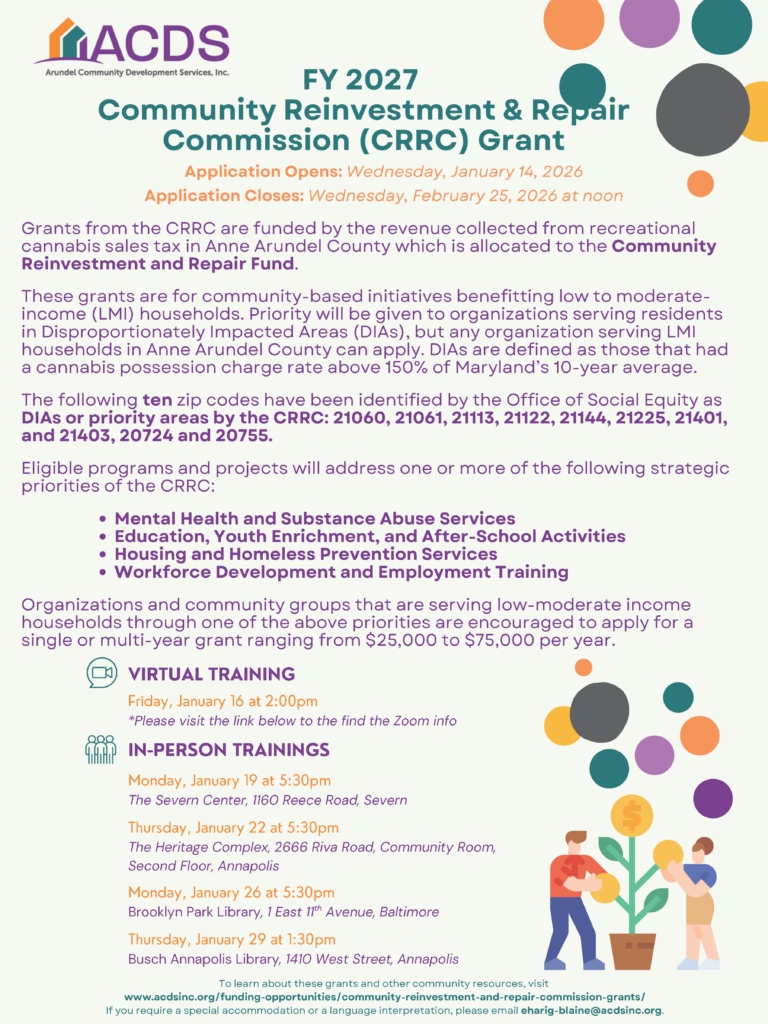 Flyer for the FY 2027 Community Reinvestment & Repair Commission Grant from Anne Arundel County. Includes eligibility, priority zip codes, grant uses, deadlines, and lists contacts for more info, with colorful logos and graphics.
