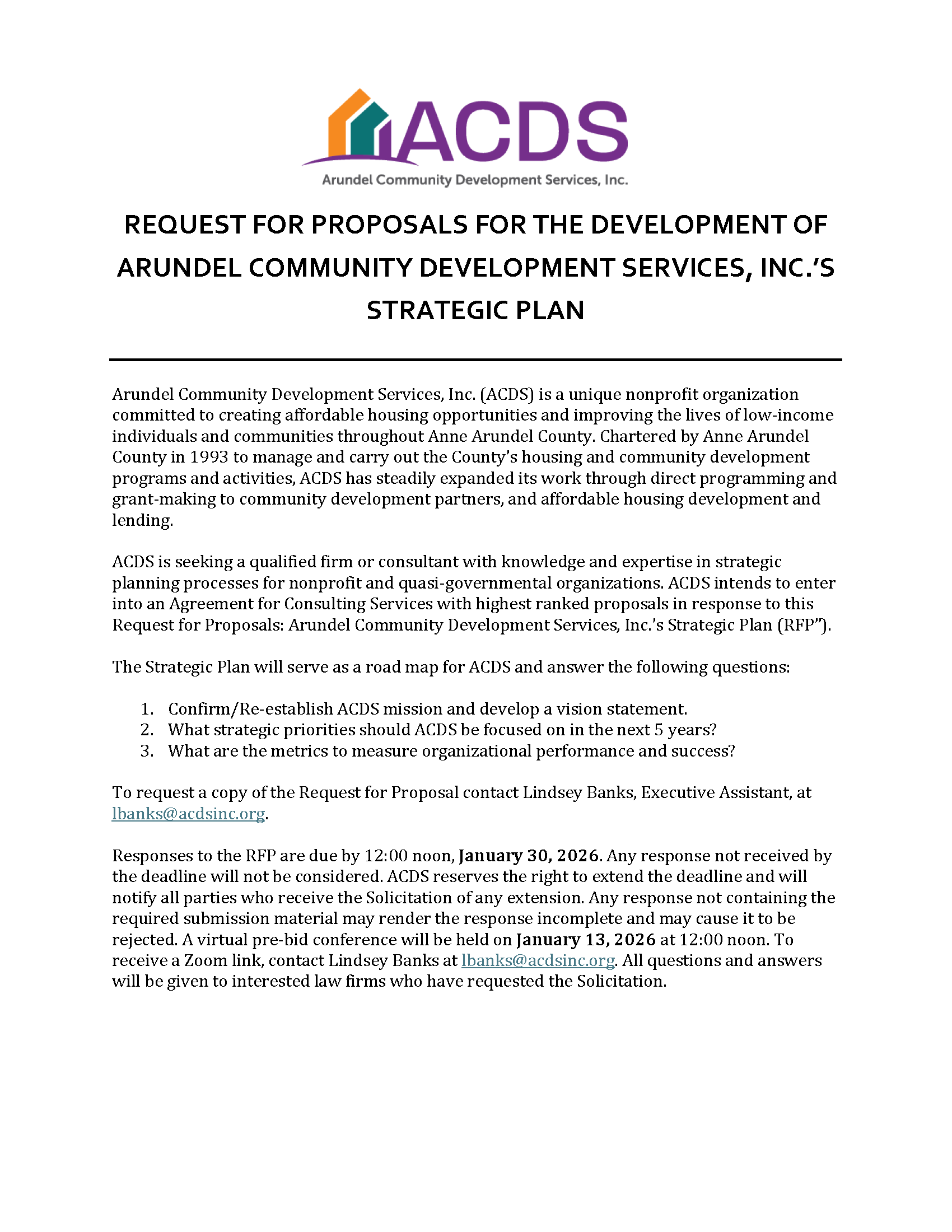 A flyer with the Arundel Community Development Services logo, announcing a request for proposals to develop ACDS’s strategic plan, with details on eligibility, submission process, deadlines, and contact information.