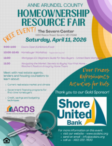 Flyer for the Anne Arundel County Homeownership Resource Fair on April 11, 2026, at The Severn Center, with event details, activities, sponsor logos, and images of a house key and keychain.