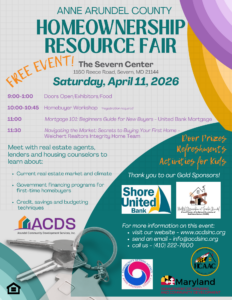 Flyer for Anne Arundel County Homeownership Resource Fair on April 11, 2026, with event times, workshop topics, sponsor logos, and images of keys, home outline, and event details. Colorful design with orange, teal, and purple accents.