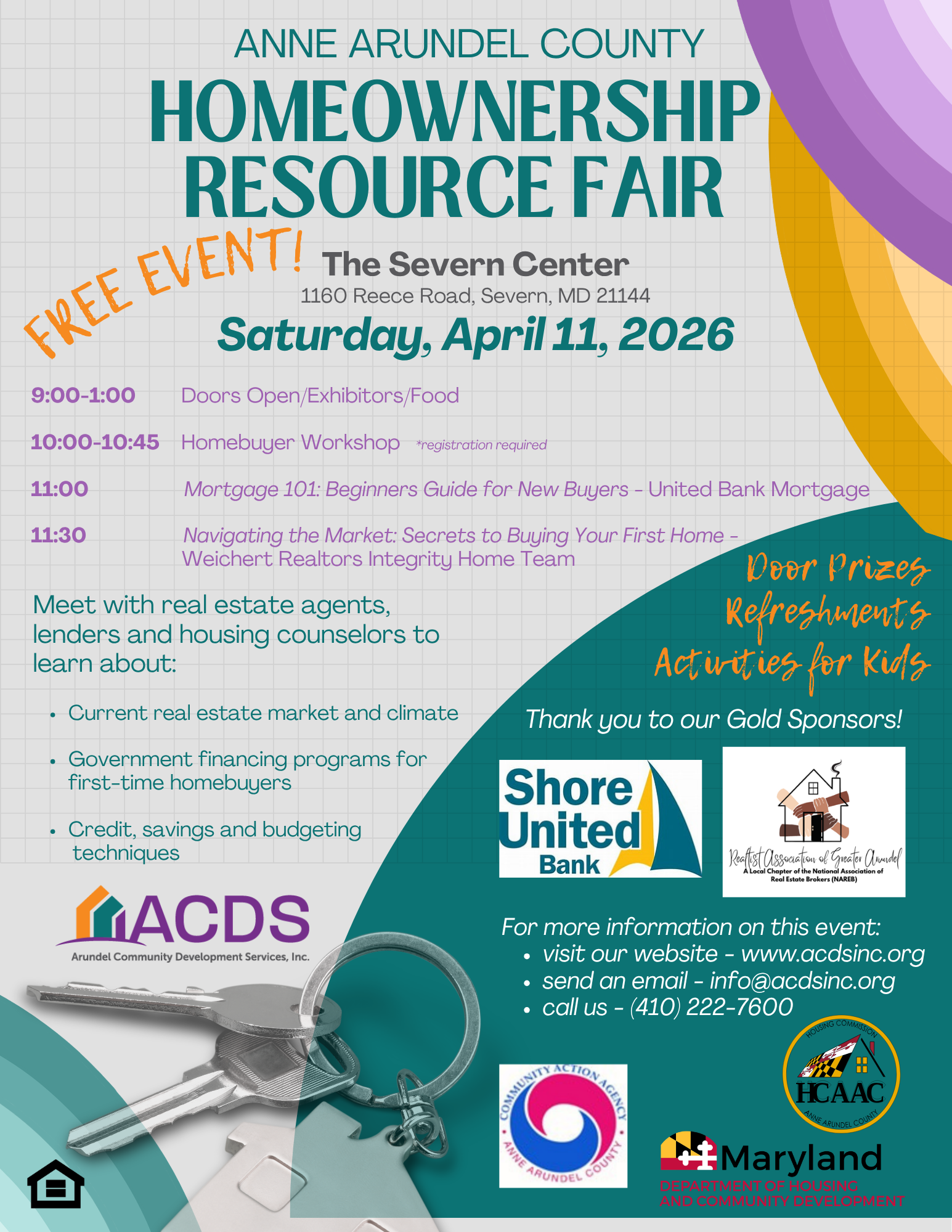 Flyer for Anne Arundel County Homeownership Resource Fair on April 11, 2026, with event times, workshop topics, sponsor logos, and images of keys, home outline, and event details. Colorful design with orange, teal, and purple accents.