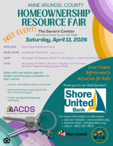 Flyer for Anne Arundel County Homeownership Resource Fair on April 11, 2026, at The Severn Center. Includes event schedule, sponsor logos, and an image of a house key and keychain. Free event with door prizes and activities for kids.