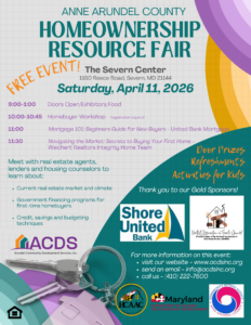 Flyer for the Anne Arundel County Homeownership Resource Fair on April 11, 2026, with event details, schedule, sponsor logos, and information about workshops, prizes, refreshments, and kids’ activities.