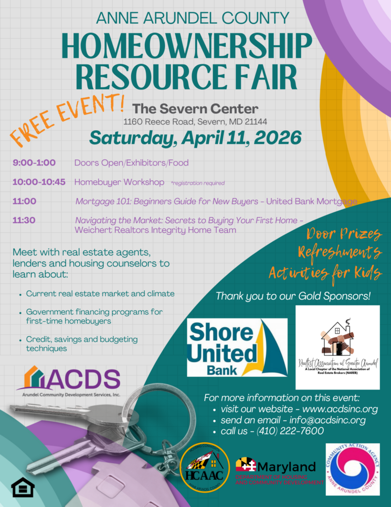 Flyer for the Anne Arundel County Homeownership Resource Fair on April 11, 2026, with event details, schedule, sponsor logos, and information about workshops, prizes, refreshments, and kids’ activities.