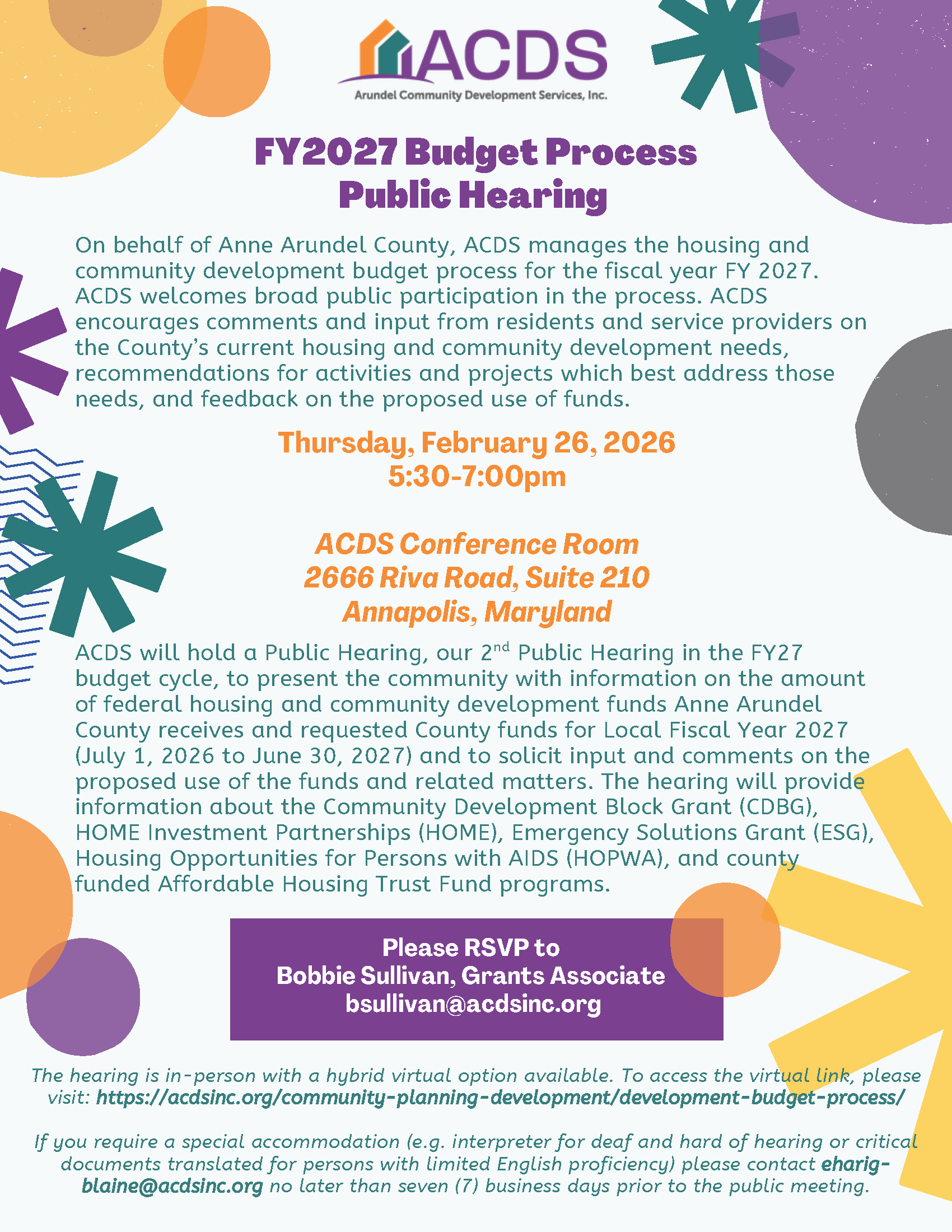 A flyer for the ACDS FY2027 Budget Process Public Hearing with event details, RSVP info, accessibility statement, and colorful design elements including circles and an orange background.