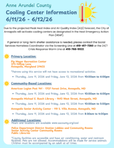 A flyer listing Anne Arundel County cooling center information for 6/11/26–6/12/26, with details on locations, dates, times, services, and emergency contact numbers, plus decorative yellow and blue sun graphics.
