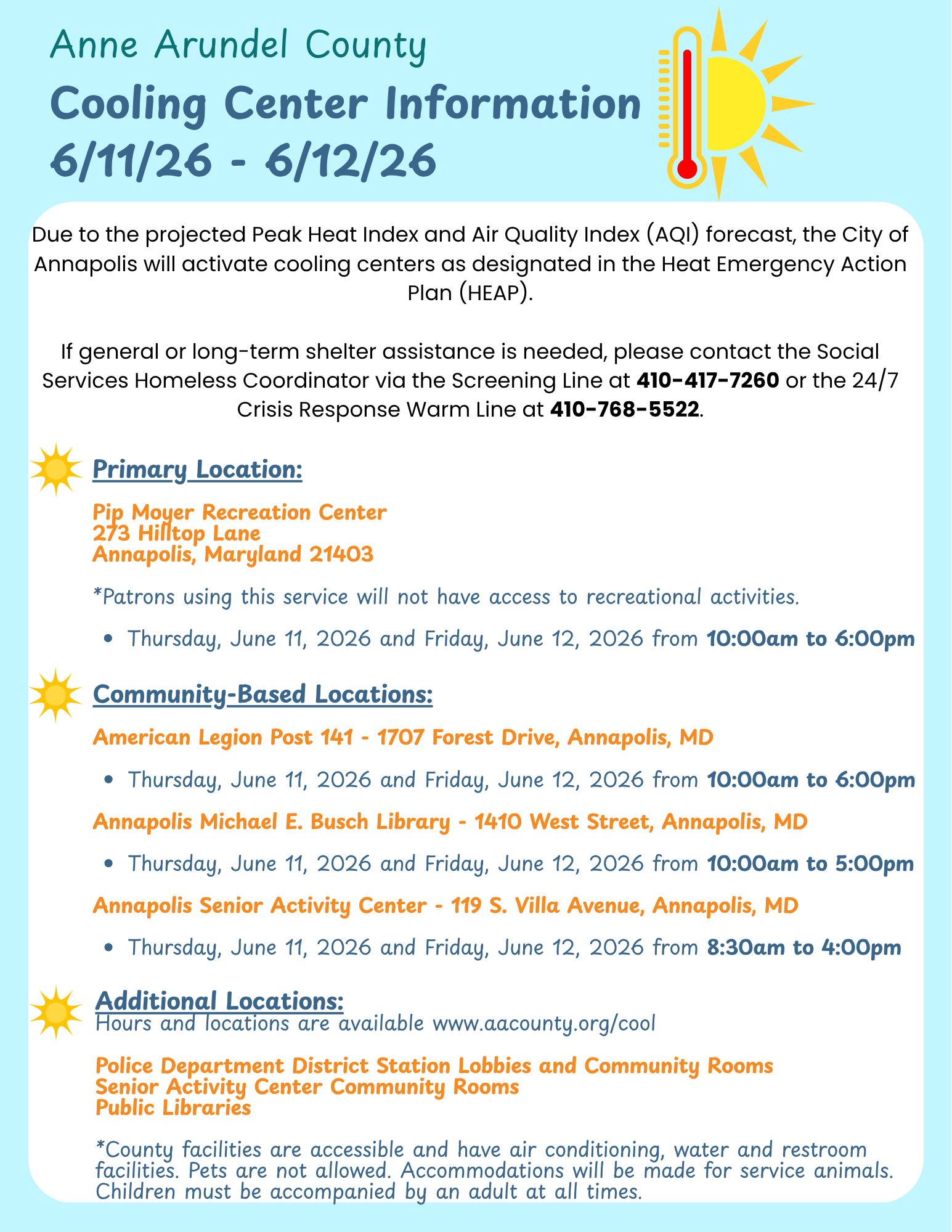 A flyer listing Anne Arundel County cooling center information for 6/11/26–6/12/26, with details on locations, dates, times, services, and emergency contact numbers, plus decorative yellow and blue sun graphics.