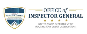Logo of the Office of Inspector General, United States Department of Housing and Urban Development, featuring a blue and gold shield and text with four gold stars underneath.