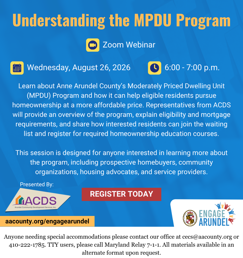 Informational flyer about the "Understanding the MPDU Program" Zoom webinar on August 26, 2026, from 6-7 PM, including program details, sponsor logos, registration button, and contact info.