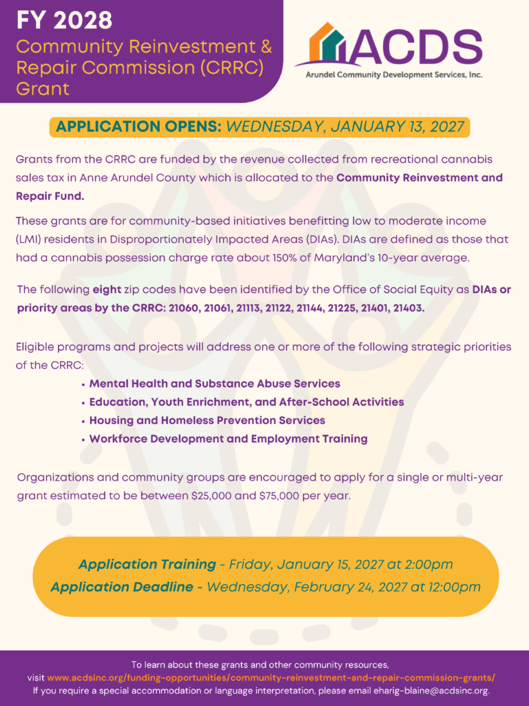Informational flyer for the FY 2028 CRRC Grant from Arundel Community Development Services, listing eligible areas, application dates, training details, and focus areas like mental health, education, and employment.