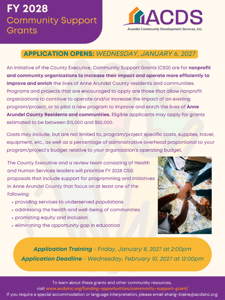 Flyer for FY 2028 Community Support Grants from Arundel Community Development Services. Details eligibility, application dates, training sessions, and contact information on a purple and yellow background with a logo.