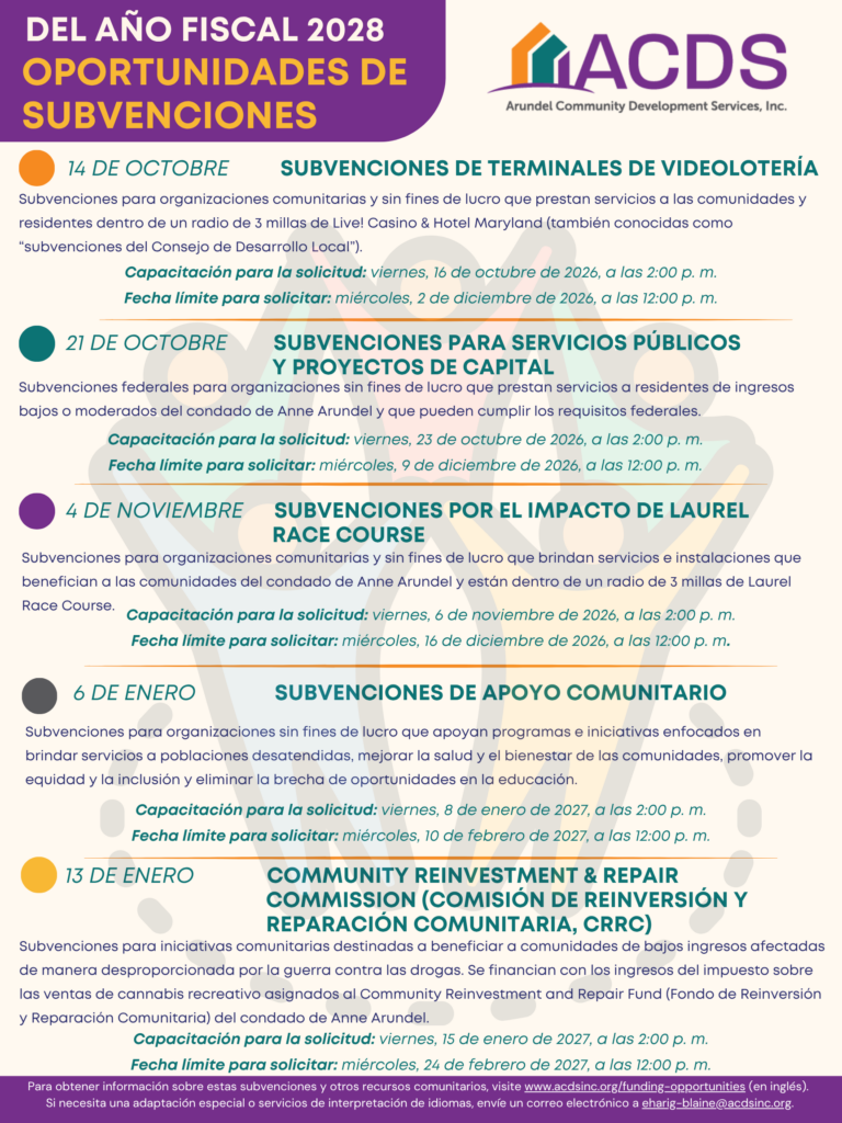 Flyer in Spanish listing key fiscal year 2028 grant opportunities from Arundel Community Development Services, Inc., including dates, descriptions, deadlines, and contact details for various funding categories.