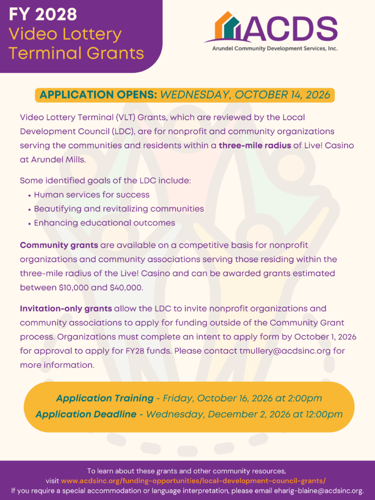Flyer for FY2028 Video Lottery Terminal Grants by ACDS. Application opens October 14, 2026, info on fund uses, community grants, invitation-only grants, application training October 16, deadline December 16, 2026.