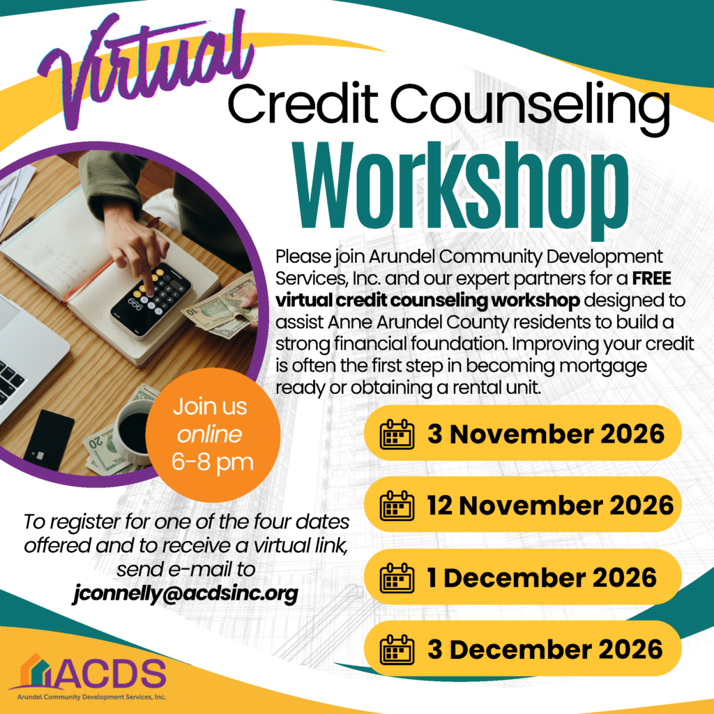 Flyer for a free virtual credit counseling workshop hosted by ACDS, listing dates in November and December 2026 and instructions to email jconnelly@acdsinc.org to register.