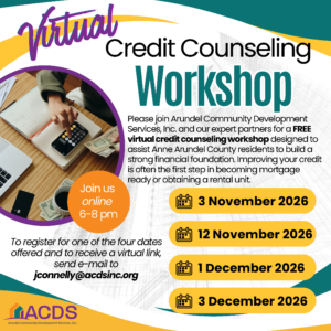 Flyer for a free virtual credit counseling workshop hosted by ACDS, listing dates in November and December 2026 and instructions to email jconnelly@acdsinc.org to register.