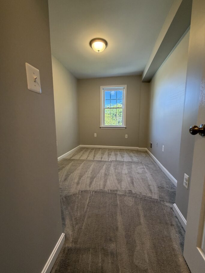 An empty, carpeted room with light gray walls and a single window looking out onto green trees.