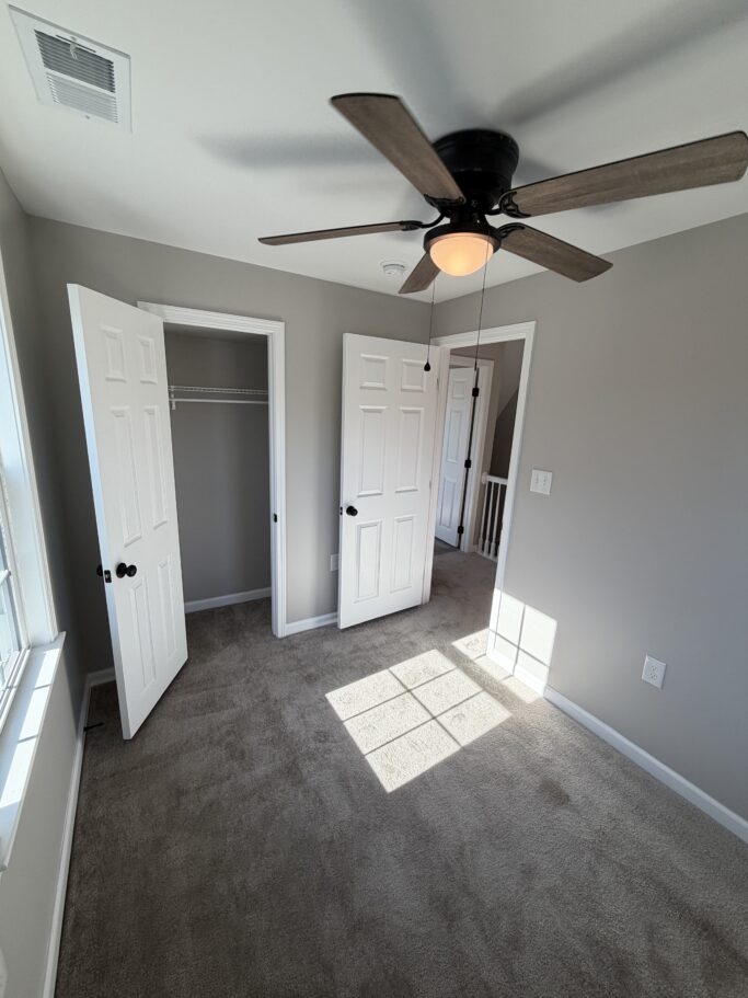 A carpeted bedroom with gray walls, a ceiling fan, and two open doors leading to a closet and a hallway.