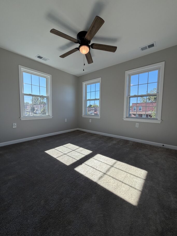Empty room with gray walls, beige carpet, three windows, and a ceiling fan.