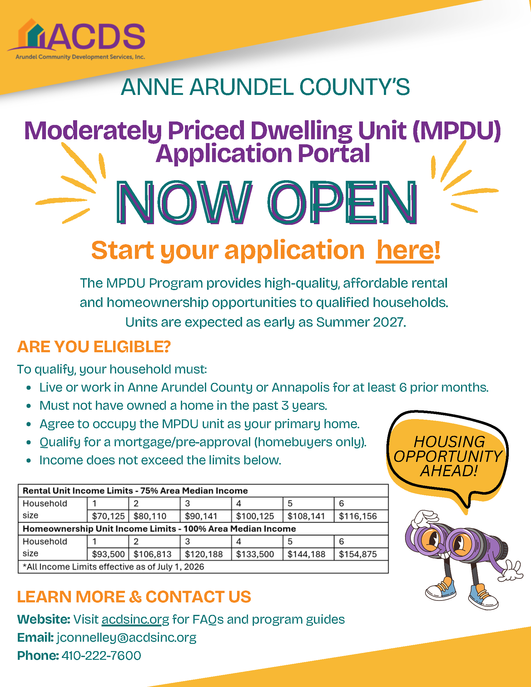 Informational flyer for the Anne Arundel County Moderately Priced Dwelling Unit (MPDU) application portal, listing eligibility requirements, income limits for rental and homeownership, and contact information.