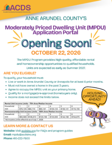 Announcement from Anne Arundel Community Development Services regarding the Moderately Priced Dwelling Unit (MPDU) portal opening October 22, 2026, including eligibility criteria, income limit tables, and contact information.