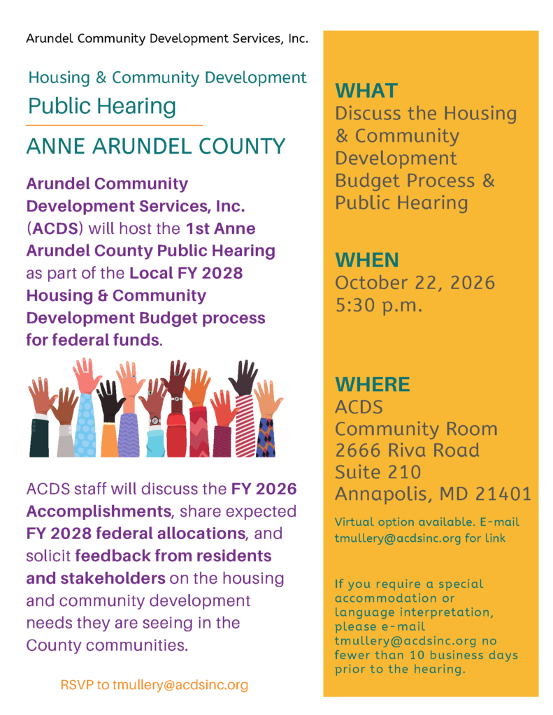 Flyer for an ACDS public hearing regarding the Local FY 2028 Housing and Community Development budget on October 22, 2026, at 5:30 p.m. at the ACDS Community Room in Annapolis, MD.